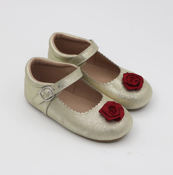 Belle Gold Suede Shimmer with Red Silk Bow