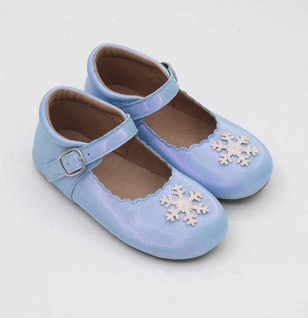 Elsa Mary Jane - Iridescent Blue Leather with white Glitter Snowflake