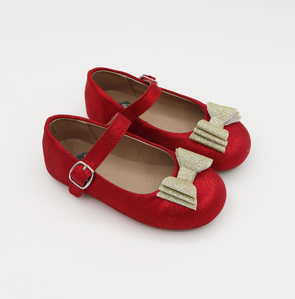 JOY New Bow Mary Jane Red Shimmer with Gold Glitter Bow