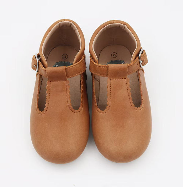 T-Straps Weathered Brown Nubuck Leather - Scalloped