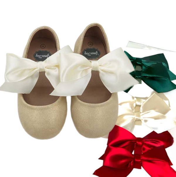 Trinity Suede Shimmer Gold with 3 Interchangeable Bows: Gold, Red, Green